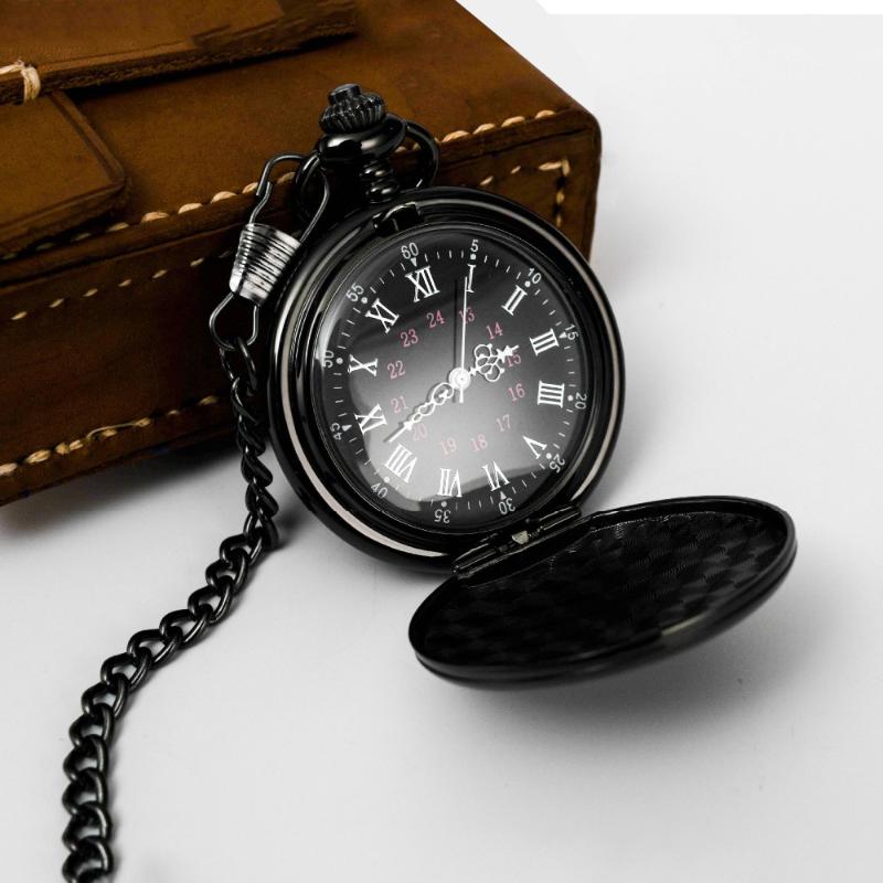 

Pocket Watches Fashion Black Mens Fob Chain Smooth Steel Quartz Watch Vintage Roman Nmber Dial Pendant Gifts Clock, P817