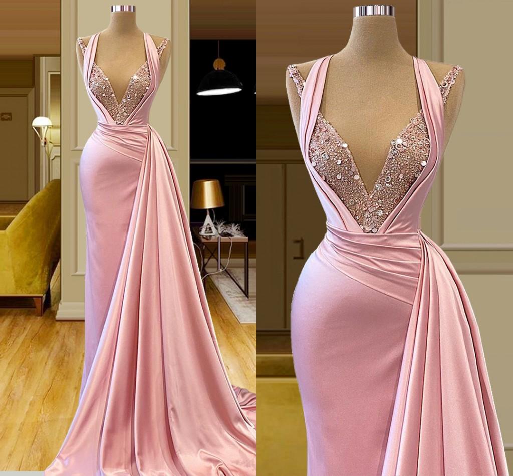 

2022 Sexy Pink Evening Dresses Wear Deep V Neck Halter Sparkle Crystal Beaded Long Custom Mermaid Formal Prom Dress Party Gowns Sweep Train Plus Size, Yellow