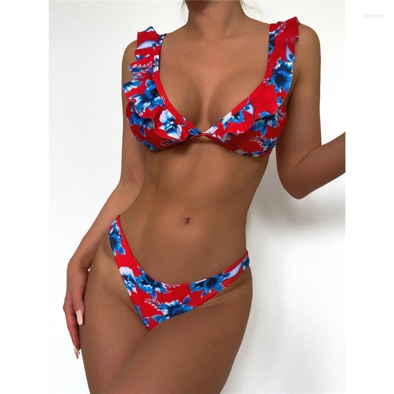 

Women' Swimwear Fashion Floral Print Beach Bikini Ruffled Top Swimsuit Women 2022 Bathing Suit Swimming Boho Bikinis Summer Set Biquini, Red