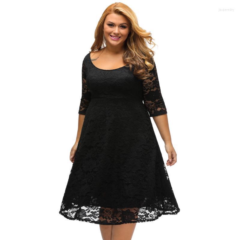 

Plus Size Dresses Women Lace Dress Floral O-Neck A-Line Three Quarter Sleeves High Waist V Zipper Back Party Elegant FemalePlus Jasp22, Black