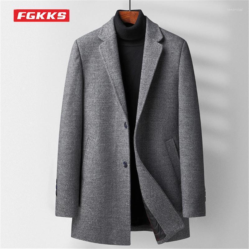 

Men's Wool & Blends FGKKS Winter Coat Fashion Twill Solid Color Cotton-Padded Long Business Casual Trench Overcoat Male Kend22, Coffee