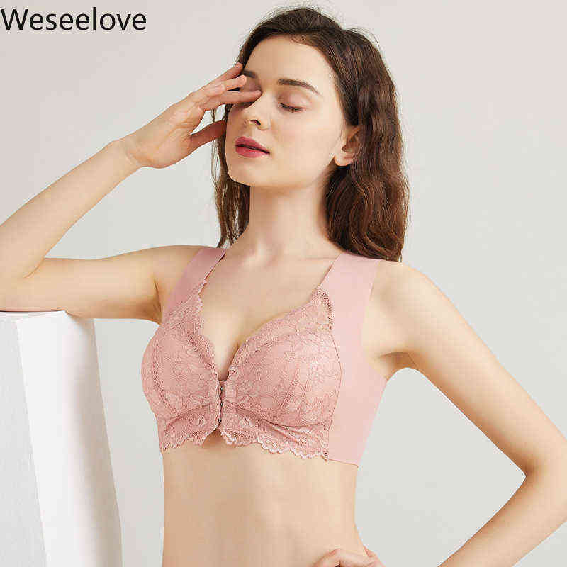 

Weseelove Large Size Bra Without Bones Push Up Front Button Vest Bra Plus Size 7XL Sexy Lace Lingerie Pink Women Underwear A1-2 T220726, Mone size