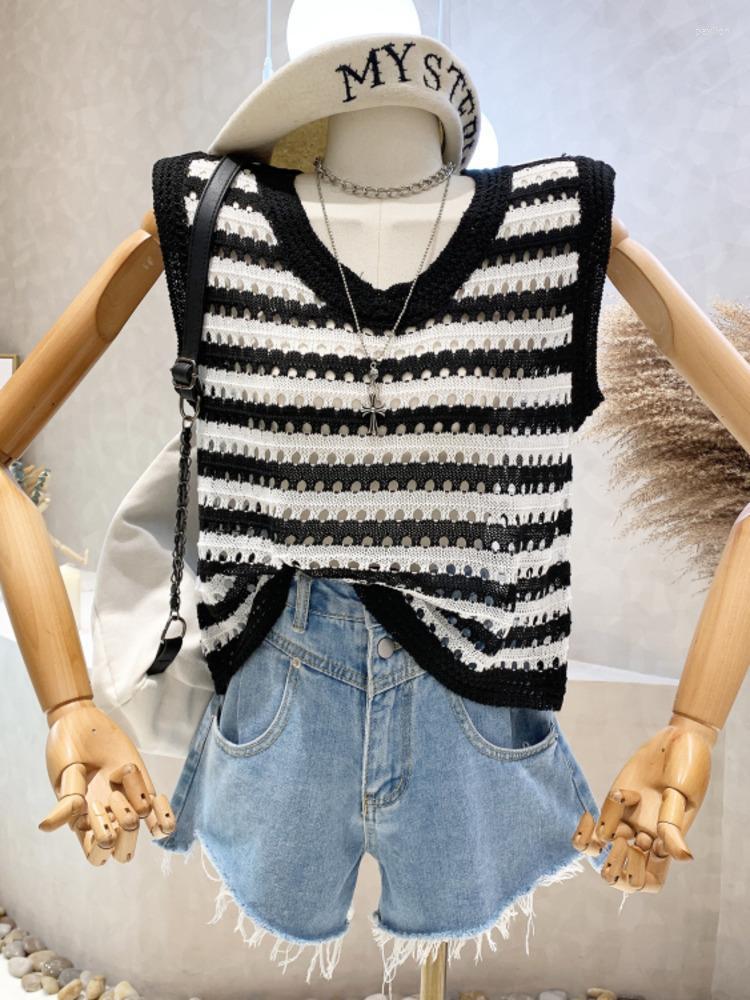 

Women's Tanks & Camis 2022 Summer Knitted Striped Hollow Casual Women Tops Vests Female High-Quality Sexy Stretch Knitting Pullover, Black