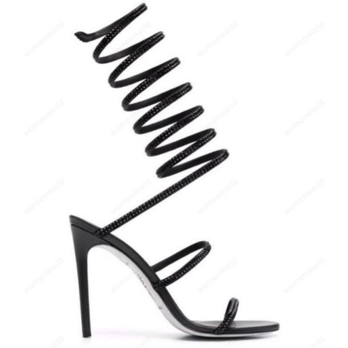

RENE CAOVILLA Cleo open toe sandals crystal embellished spiral wrap around sandals twining rhinestone sandal women Top quality silver Black stiletto heels shoes, Only a boxes