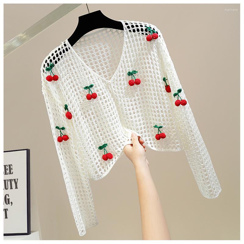 

Women's Knits & Tees Sweet Cherry Decoration Hollow Out Design Short Knitted Top 2022 Summer Fashion Sun Protection Shirt Women's Loose, Sky blue
