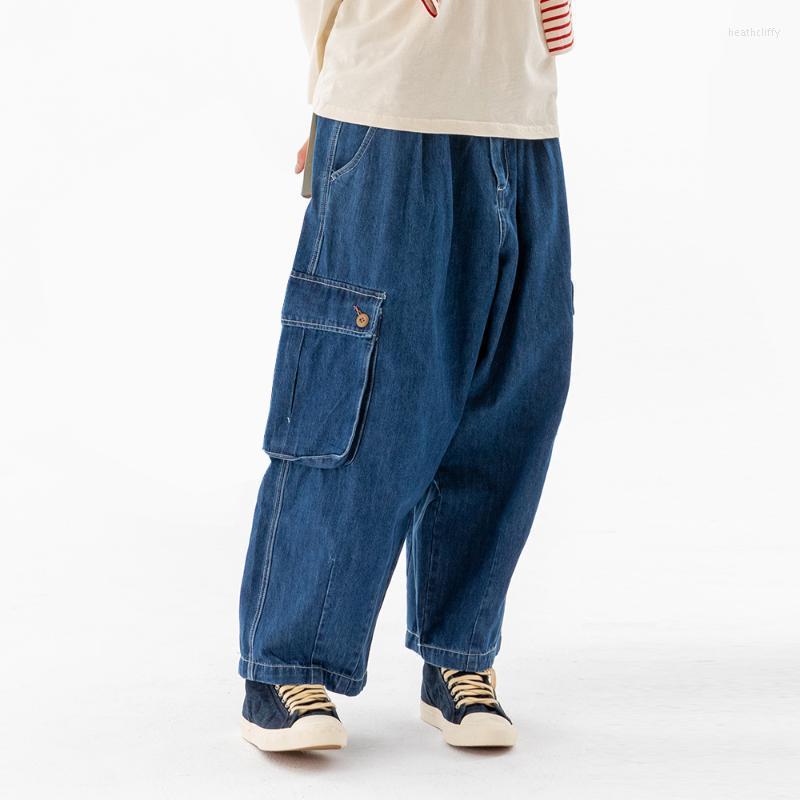 

Men' Jeans Multi-Pocket Baggy Mens Casual Loose Elastic Waist Wide-leg Denim Pants Men Cargo Trousers Harem PantsMen' Heat22, Blue