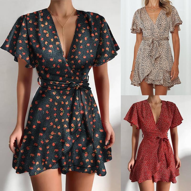

Ethnic Clothing Summer Dresses For Women 2022 Fashion Print Short Sleeve V-neck Ladies Sexy Knee-length Ruffle Mini Dress