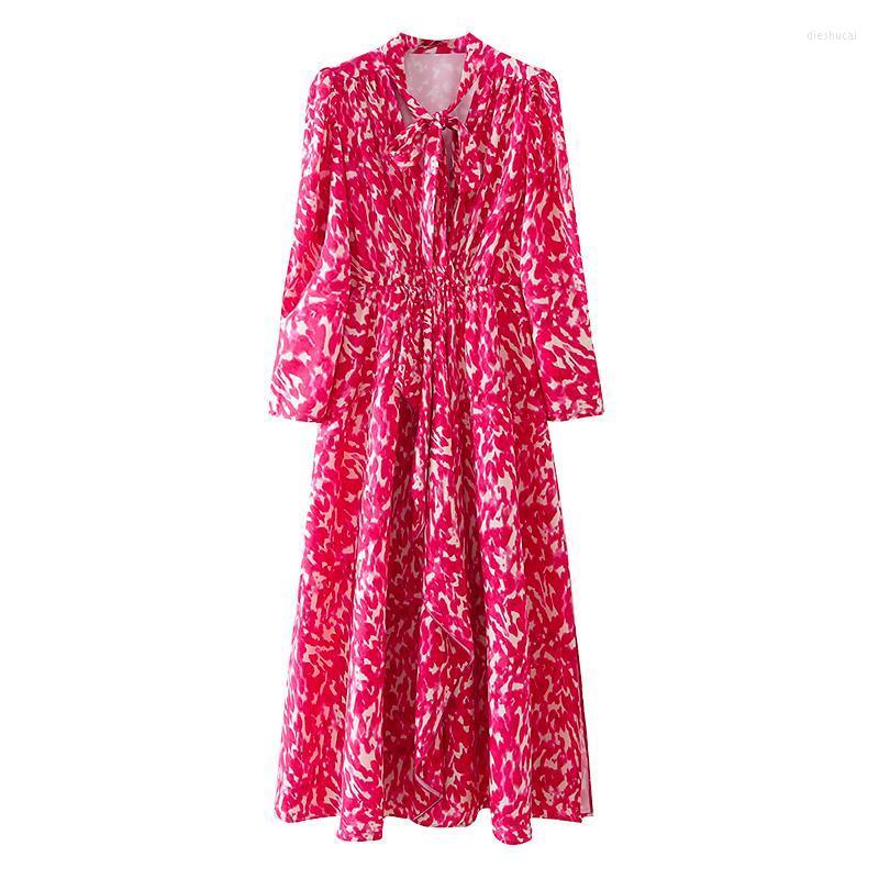 

Casual Dresses 2022 Women' Fashion Street Style V-neck Halter Tie Hedging Dress Rose Red Shirring Printing Long