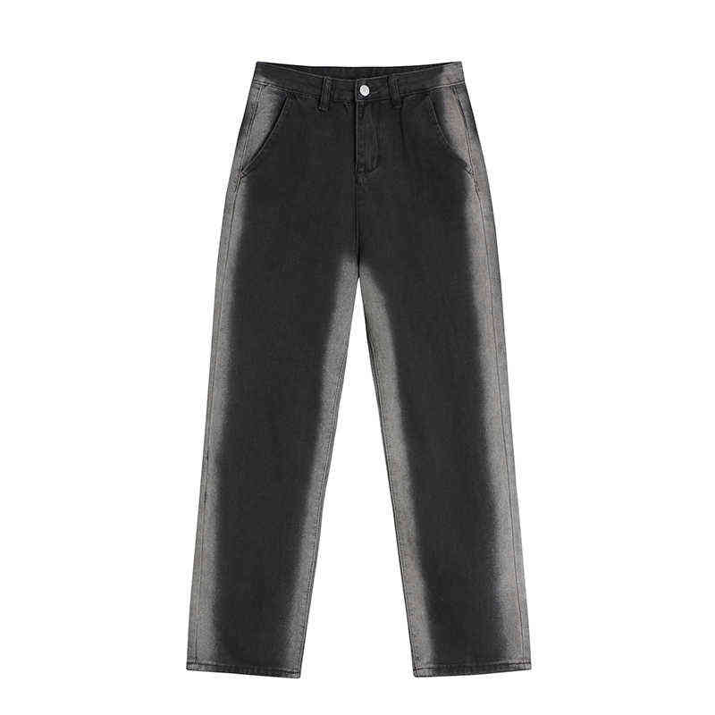 

Hong Kong-style Retro Hit Color Straight Jeans Women's High Waist Drape Gradient Black Gray Trousers Tide Autumn And Winter New T220728, Dark grey