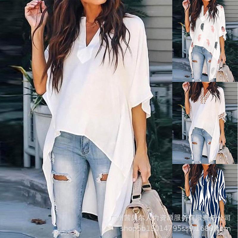 

Women' Blouses & Shirts Blouse Tops For Women Summer Fashion Print Loose Lace Openwork Women' Casual Half Sleeve V-neck Pullover Irreg, White