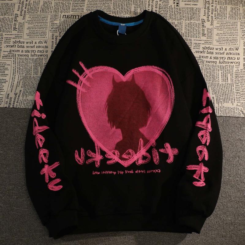 

Women's Hoodies & Sweatshirts Harajuku Graffiti Love Print Japanese O Neck Long Sleeve Vintage Streetwear Hip Hop Women Korean Hoodie, Black