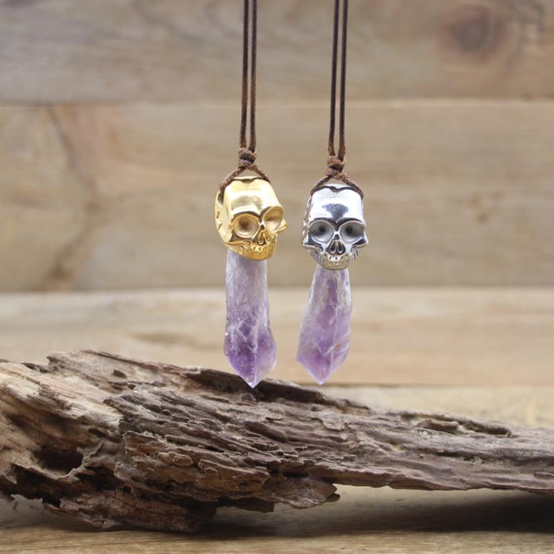 

Pendant Necklaces Large Size Raw Amethyst Point Pendants Gold/Silvery Skull Caps Natual Quartz Charms Women Jewelry Drop QC3103Pendant
