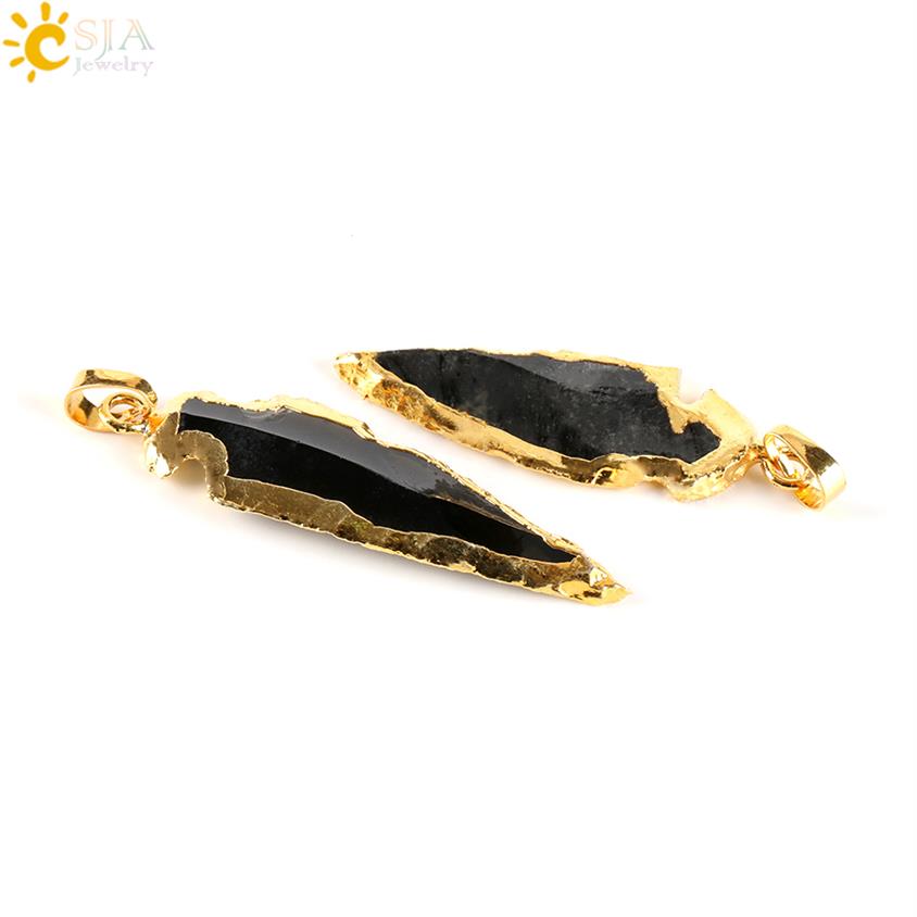 

CSJA Gold Plate Copper Natural Black Indian Agate Arrowhead Charms Necklace Pendant Reiki Stone Birthday Christmas Gift Daily Jewe2796