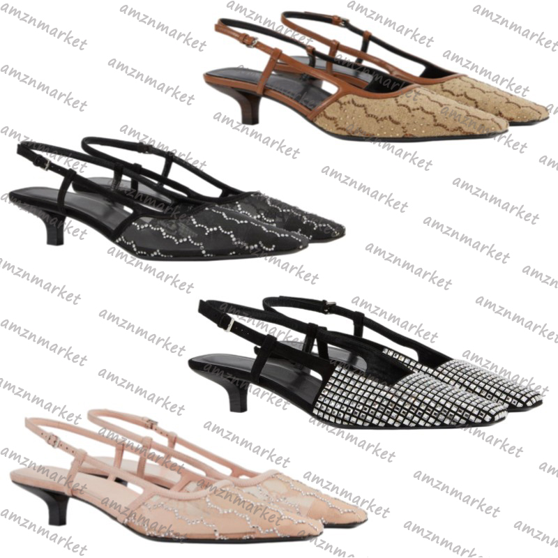 

Women's Designer Slingback Pump Sandals Cotton Fabric Mesh Denim Printed Embroidery Crystal Diamond Metal Buckle Female Square Head Thin Heels Dinner Party Shoes, Red