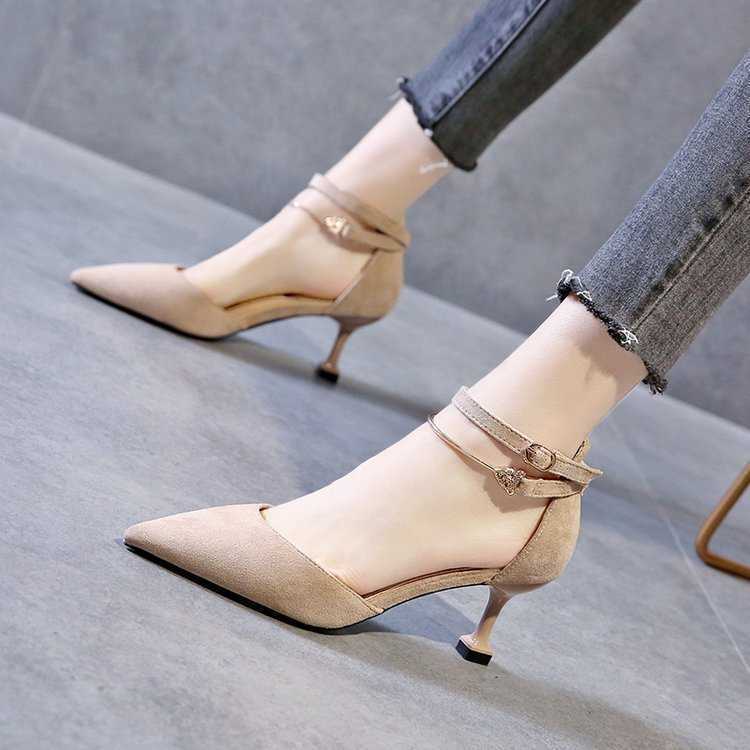 

2022 TopSelling spring and summer new women's High heeled shoes Korean one button pointed fashion high-heeled sandals Classic luxury wedding shoes, Black (8cm)
