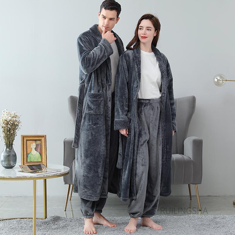 

Men's Sleepwear Men Winter Extra Long Warm Flannel Bathrobe Pant Sets Plus Size Coral Fleece Robes Sleeve Bath Robe Pijama Women SleepwearMe, Men robe grey 3