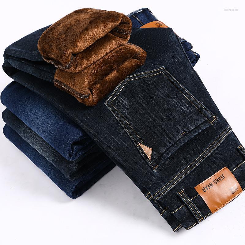 

Men's Jeans 2022 Autumn Winter Plus Velvet Business Men Classic Style Dark Blue Cotton Stretch Denim Pants Male Straight Brand Trouser, 021-blue black