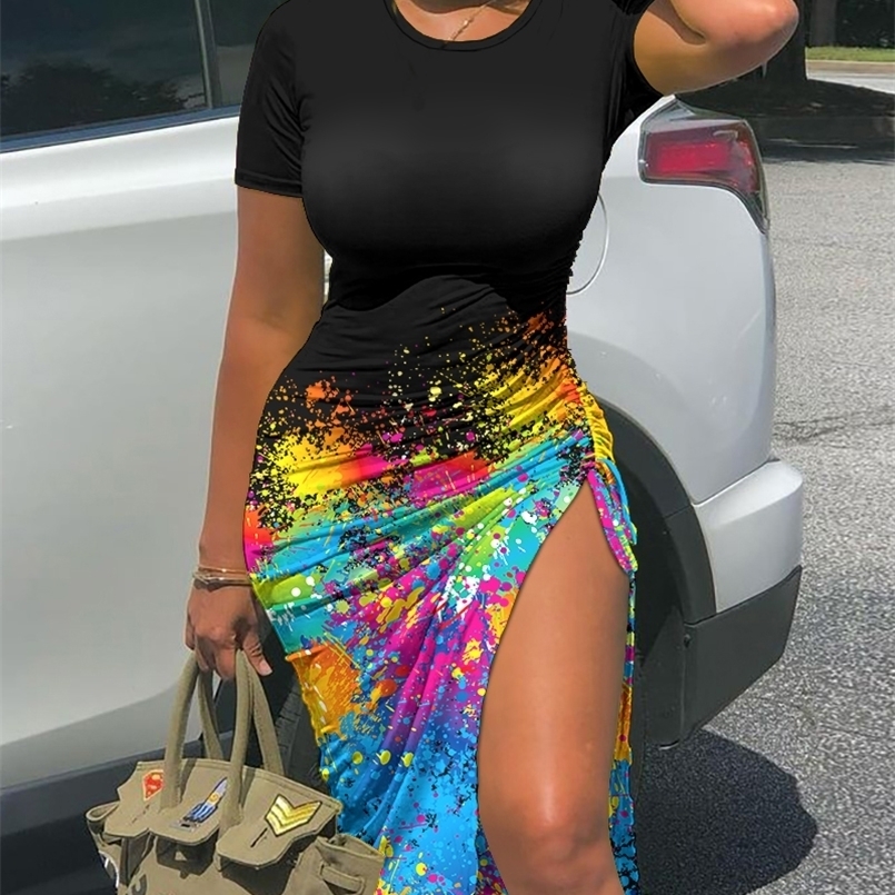 

Sexy Skinny Dres Ink Splash Print Short Sleeve Drawstring Ruched ummer Casual Slit Party Dress Loungewear 220608, Beige