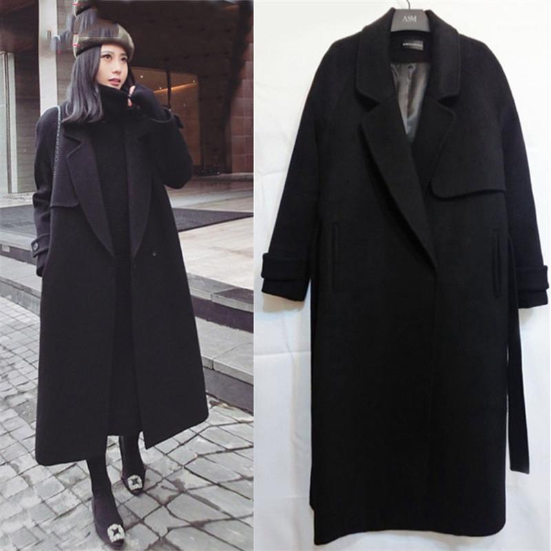 

Spring Autumn Winter Women's Casual Wool Blend Trench Coat Oversize Long With Belt Women Cashmere Outerwear, A1433 black