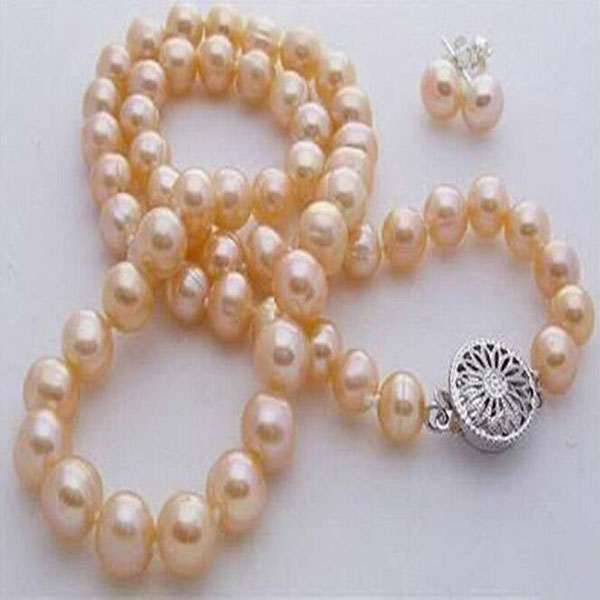 

7-8MM Genuine Natural Pink Akoya Cultured Pearl necklace 18" earrings set