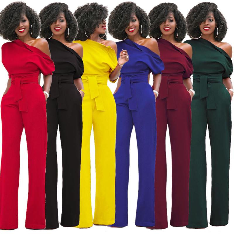 

Women' Jumpsuits & Rompers Fashion Autumn Women Sexy Jumpsuit Half Sleeves Off One Shoulder High Waist Ladies Casual Wide Leg Pants Romper, White