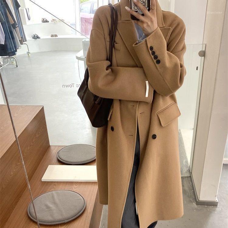 

Women' Wool & Blends Women 2022 Autumn Winter Cashmere Long Coat Female Elegant Turn-Down Collar Woolen Coats Double Breasted Warm Overcoat, Camel