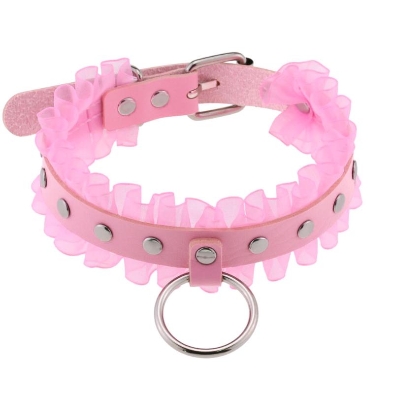 

Chokers Pink Leather Choker Necklace Goth Lace Collar Gothic Jewelry Costume For Women AccessoriesChokers