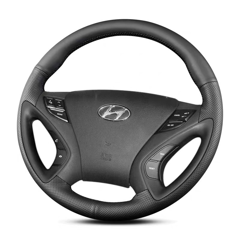 

For Hyundai Sonata 8TH 2011-15 Black Leather DIY Hand Sewn Steering Wheel Cover Interior Handle Cover