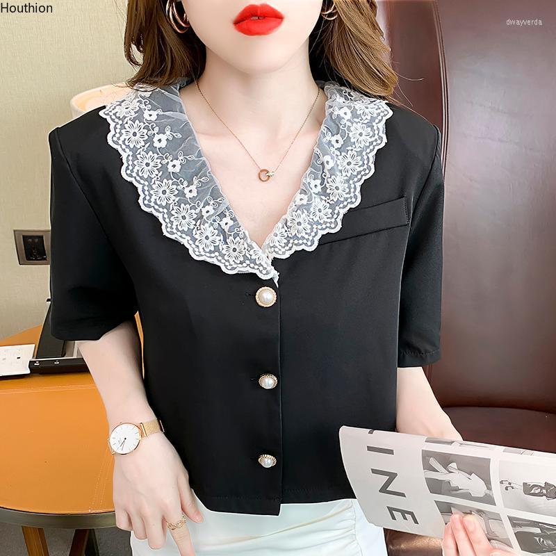 

Women' Blouses & Shirts Chiffon Slim Women' Casual Solid V-neck Lace Shirt Fashion Short Sleeve Top Summer Clothing LadyWomen' Dway22, White
