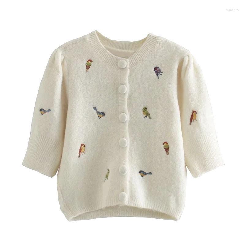 

Women' Knits & Tees Huaxiafan Women Fashion With Embroidery Cropped Knitted Cardigan Sweater Vintage Puff Sleeve Female Outerwear Chic Tops, As picture