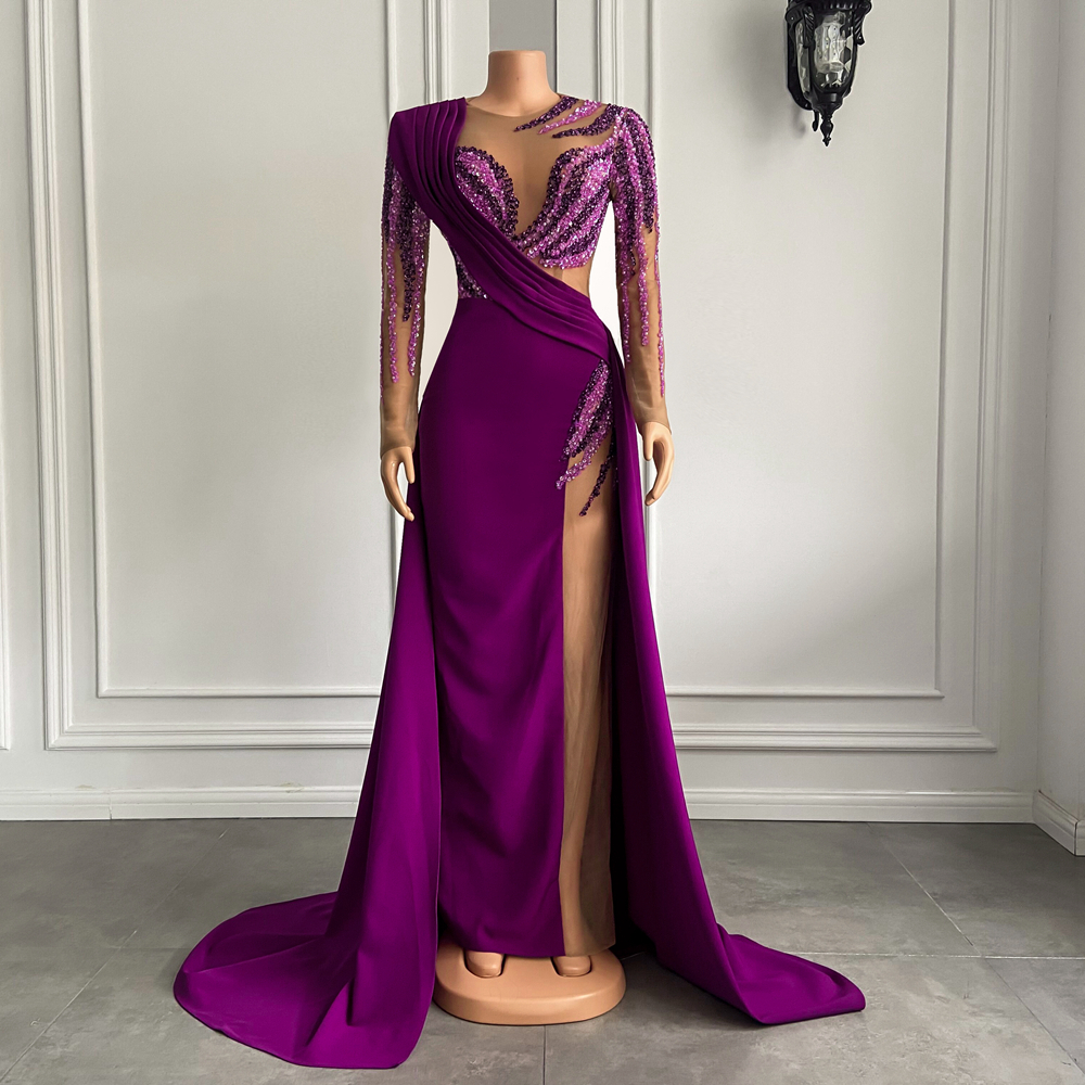 

Elegant Purple See Through Evening Dresses Sheer Neck Jewel Prom Dresses Custom Made Side Split Beading Floor Length Robe De Mariée, Silver