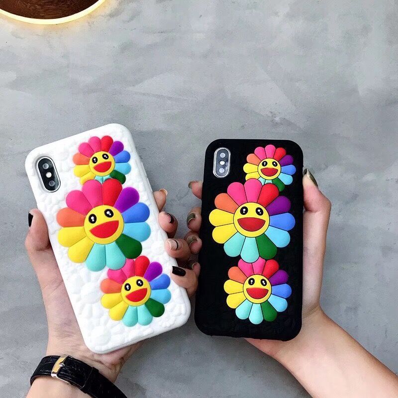 

3D Sun Flower Silicone Back Cover Cases Soft Rainbow Color Smiling Face Emoticon Phone for iphone13 12 11, Black