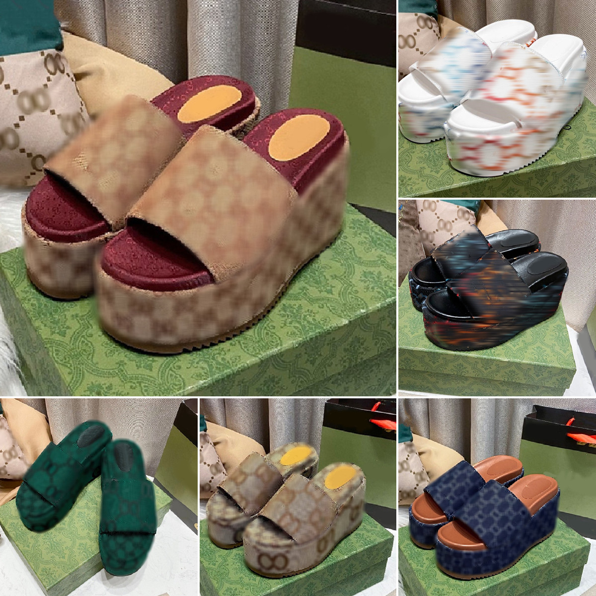 

Luxury G Designer Wedge Slippers Sandals Thick 8-10cm Dress Shoes Women & Men Flat Platform Embroidered Print Jelly Rubber Leather Slides wedge-soled shoes Size 35-43, Additional box