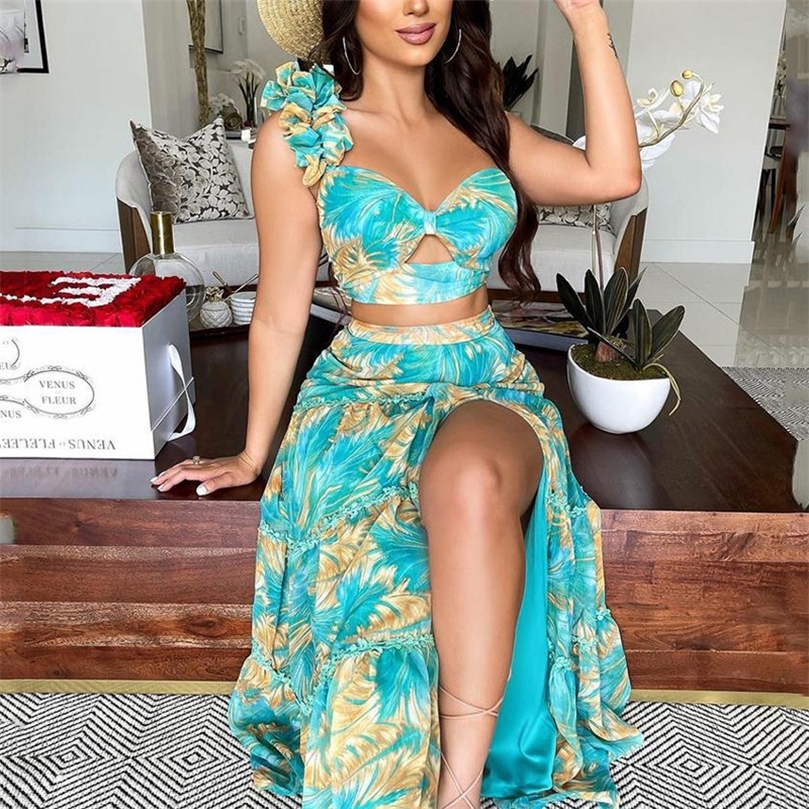 Été femmes sexy mince deux pièces ensemble épaule fendue imprimé floral culture hauts et jupe longue costume dame élégant 2 pièces ensemble 22061