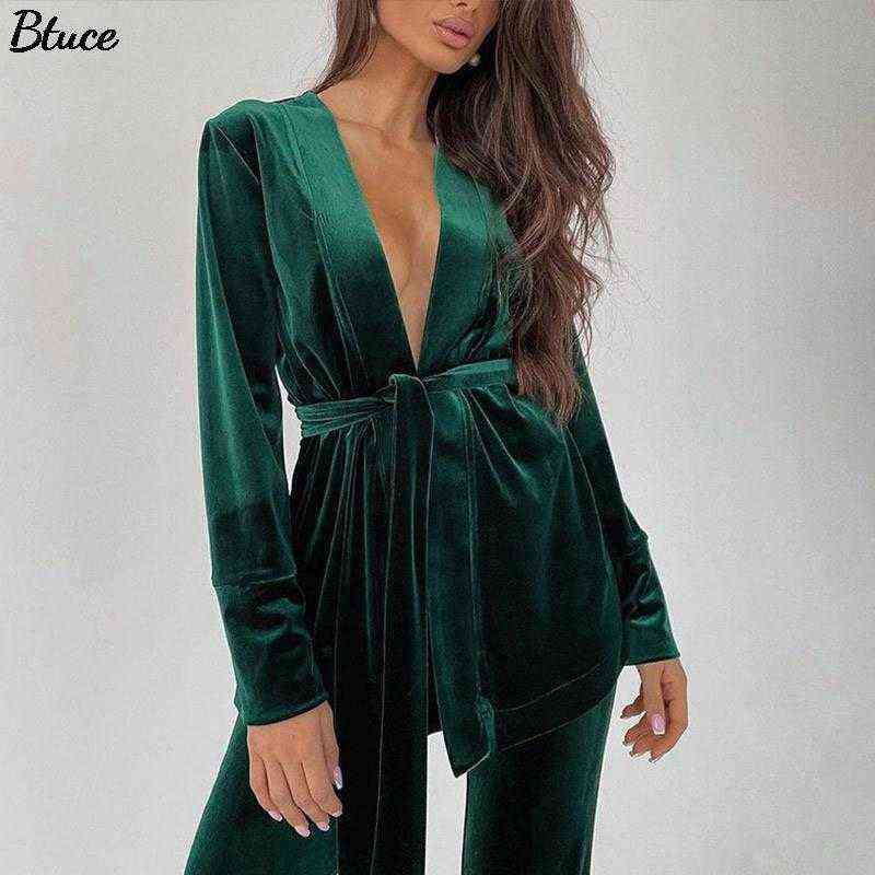 

Women Spring New Retro Soft Simple Velvet Texture Casual Trousers Sets Female Solid Color V-neck Lace-up Slim Gold Velvet Suits T220729, Black