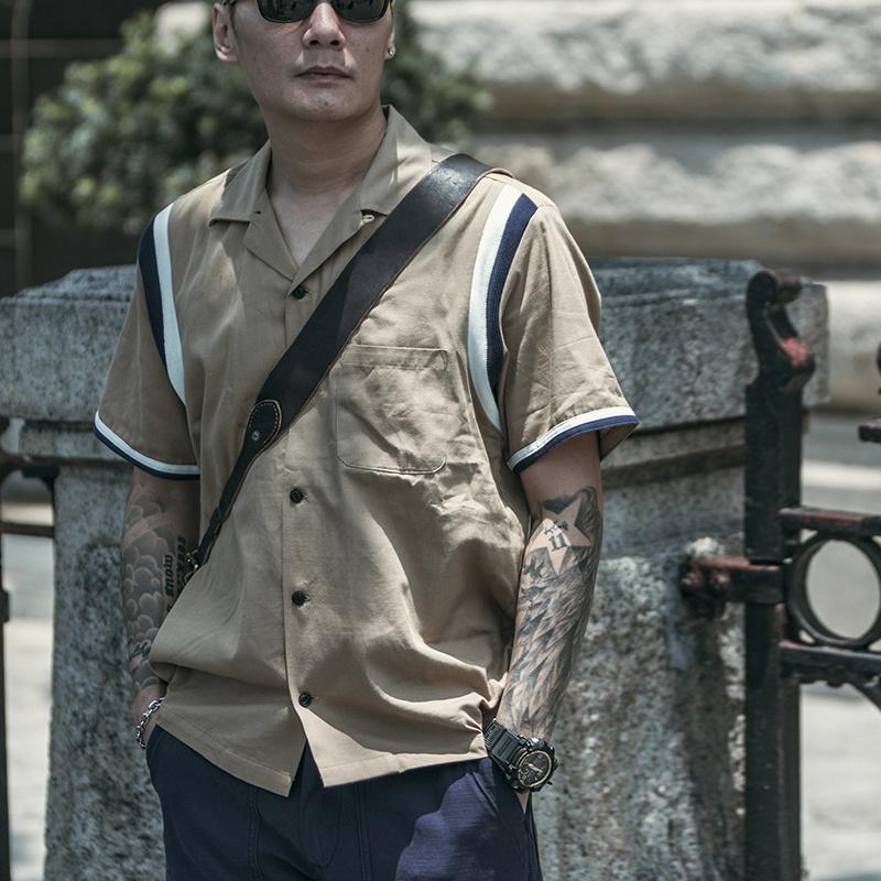 

Men's Casual Shirts STOCK 60s Bowling Shirt Vintage Menswear Rockabilly Motel Service Camp ShirtMen's, Khaki