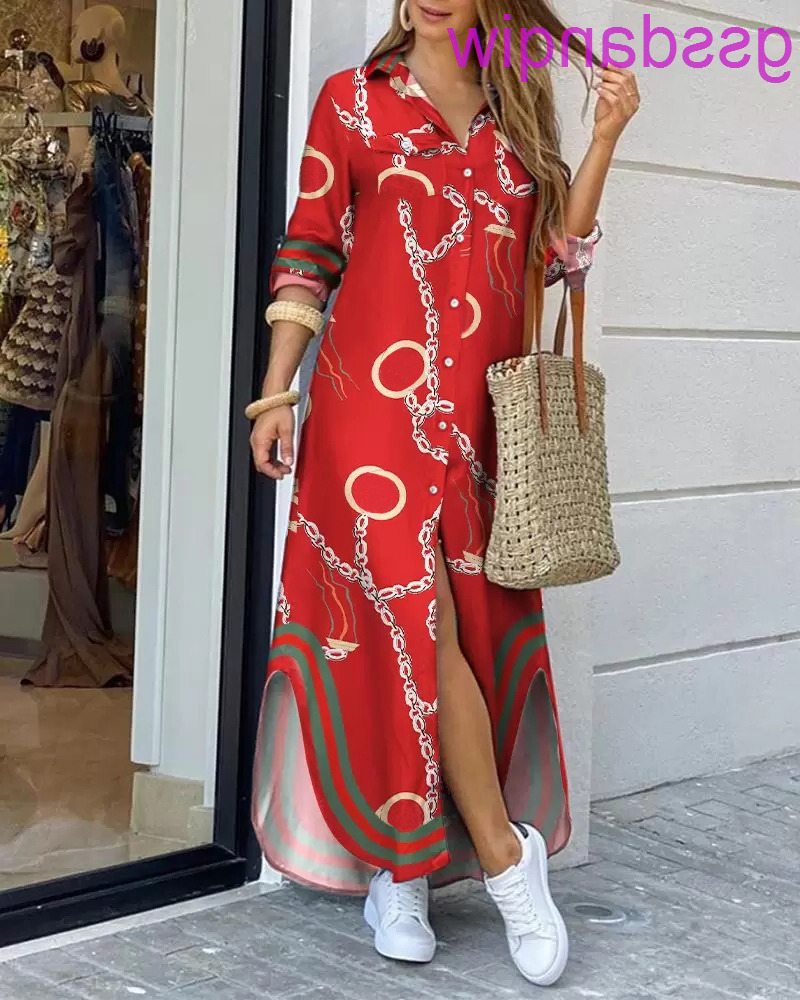 

Autumn maxi dresses for women Womens Button Down Long Shirt Dress Chain Print Lapel Neck Party Dress Casual Long Sleeve Oversized, Black chain