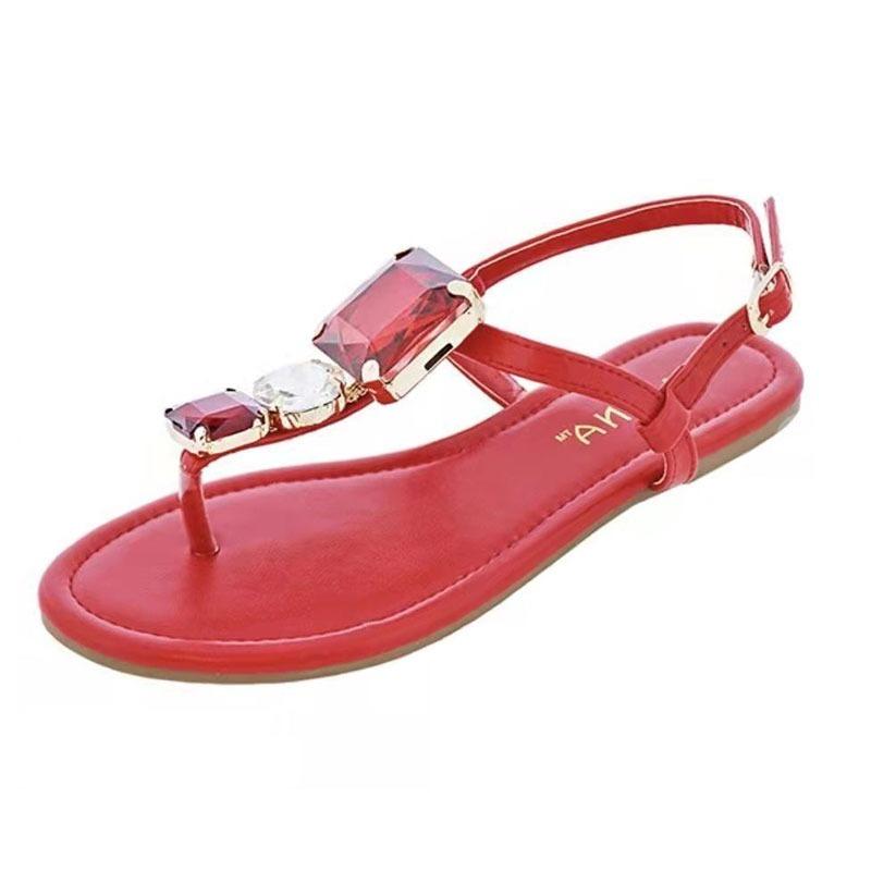 

Sandals Summer Women Open Toe Rhinestone Decoration Simple Fashion Large Size Flat Beach European American WomenSandals, Apricot