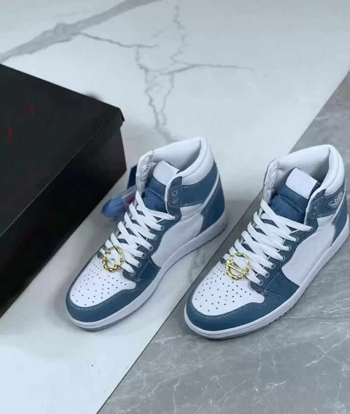 

1 1s Denim High OG WMNS Designer Basketball Mens Outdoor shoes White Worn Blue Metallic Gold 2022 Jumpman Men Sports Sneakers With Box, 1 denim