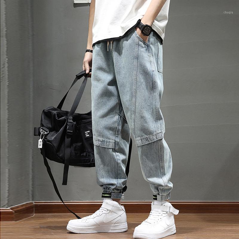 

Men's Jeans Streetwear Fashion Loose Men Spliced Designer Casual Denim Cargo Pants Overalls Hip Hop Joggers Wide Leg Trousers, Retro light blue