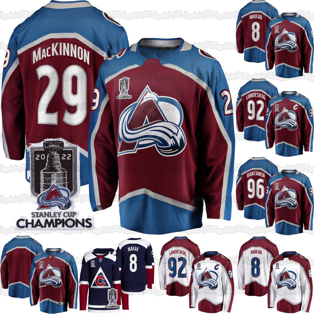 

Avalanche Nathan MacKinnon Colorado 2022 Stanley Cup Champions Jersey Cale Makar Nazem Kadri Gabriel Landeskog Andre Burakovsky Mikko Rantanen, White men 2022 stanley cup champions