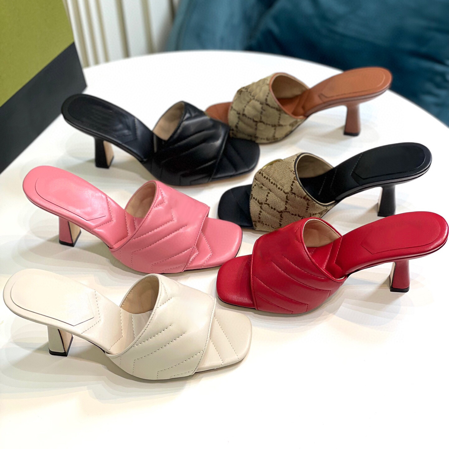 

Luxury Designer Mid Heel Sandals Double G Women Slide Multicolor Printed Twill Quilted Leather Beach Slippers Slide Comfort Sandal Size 35-41