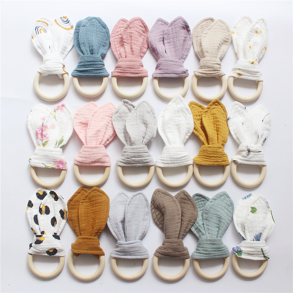

Bunny Ear Teether Fabric Wooden Teething Ring With Crinkle Material Shower Gift
