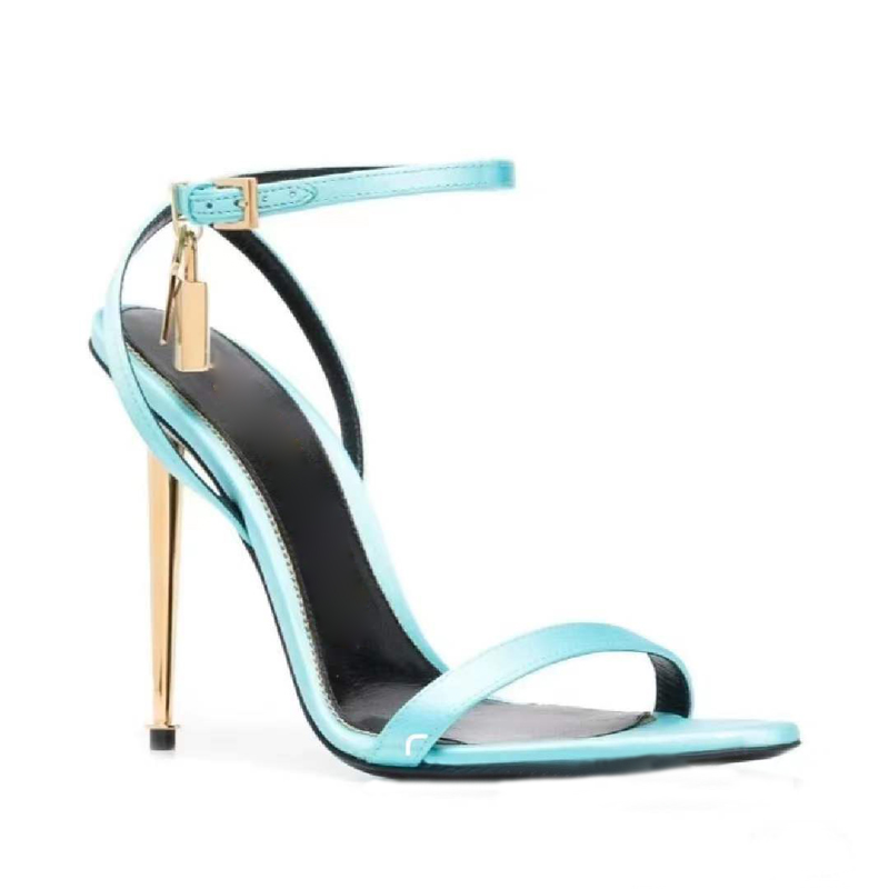 

stiletto heel sandals womens shoe Fashion Designer blue Satin Gold padlock Dress shoes top quality Genuine Narrow Band high Heeled women sandal shoes