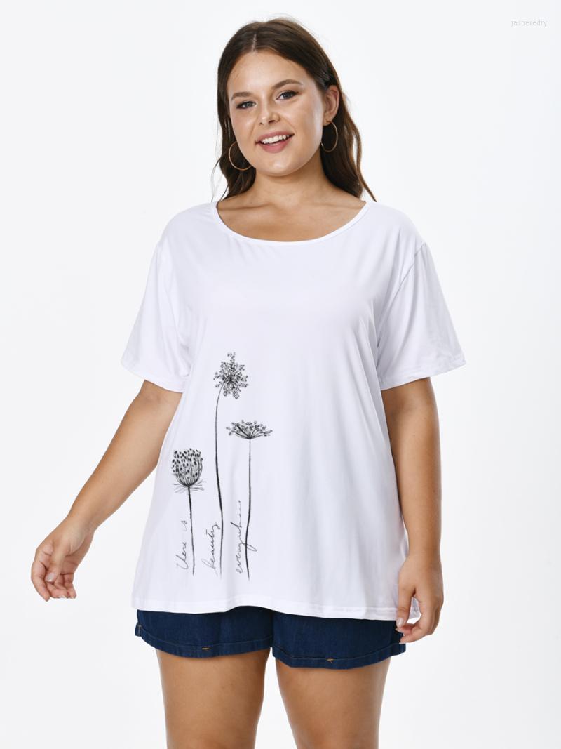 

Women's Plus Size T-Shirt Women With Flowers Print O-neck Short Sleeve Tops For FEMMES Large Tunics Blouses Mujeres Talla 22061403Women's Ja, White