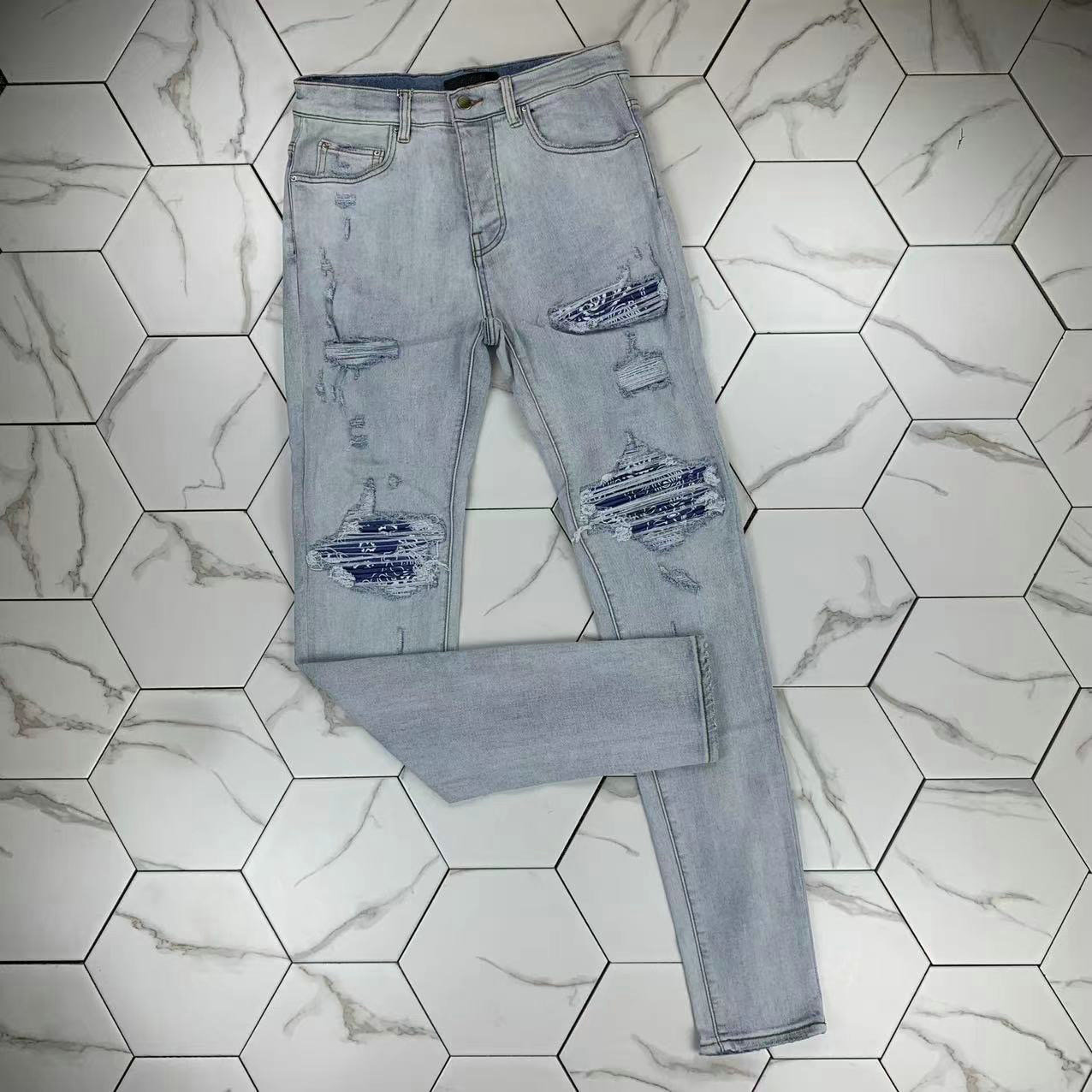 

HM564 High quality Mens jeans Distressed Motorcycle biker jean Rock Skinny Slim Ripped hole stripe Fashionable snake embroidery Denim pants, Blue