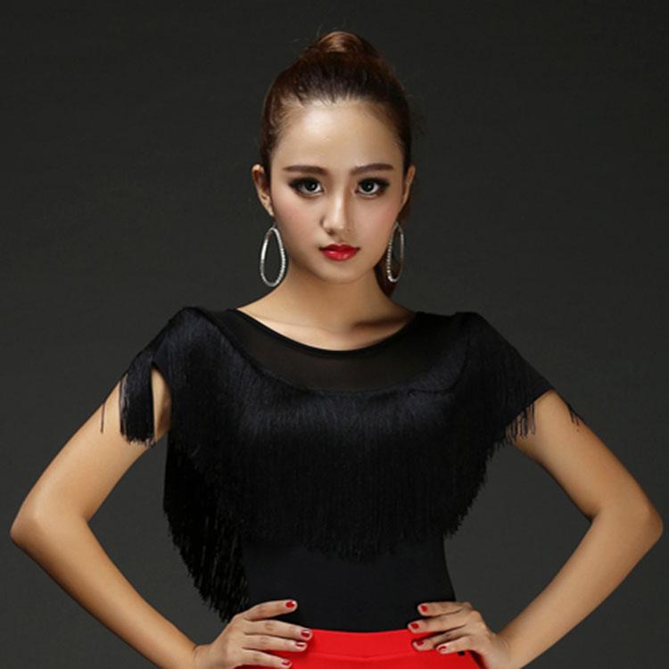 

Stage Wear Adult Latin Dance Tops Female Short Sleeve Lady Dancing Practice Shirt Sexy Women Ballroom Cha Samba Tassel Dancewear, Black