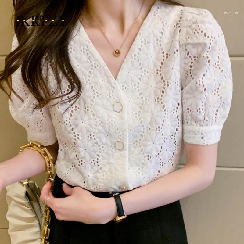 

Women' Blouses & Shirts White Puff Sleeve Short Lace Base Shirt Top 2022 V Neck Fashion Summer Chiffon Luxury Hollow Out