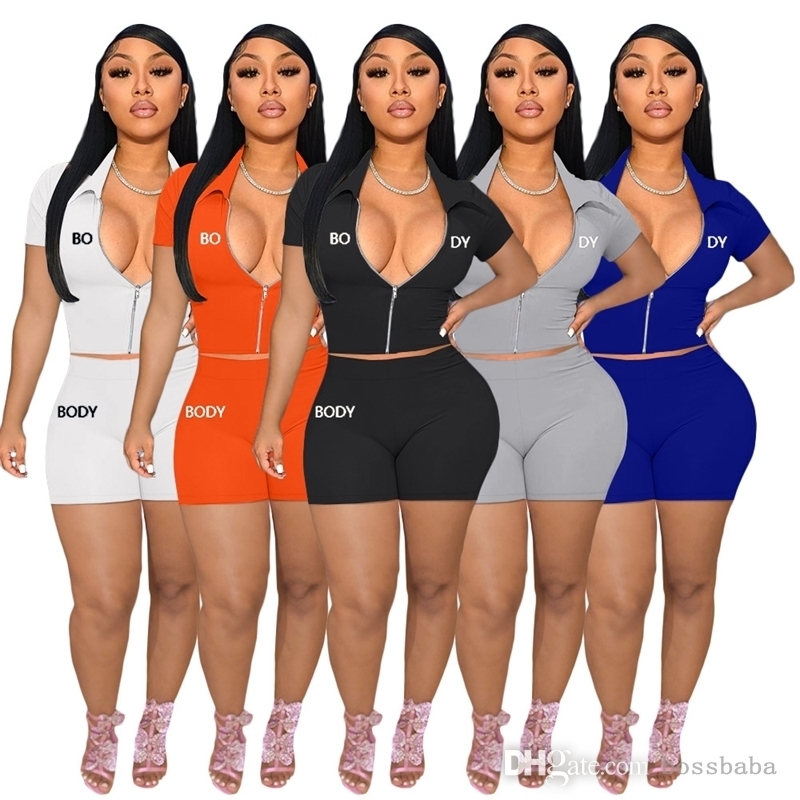 

Women Summer Clothing 2 Piece Set Sexy zipper Tracksuits Letter Printed Jogging Suit Casual Tops And Shorts Outfits, Orange