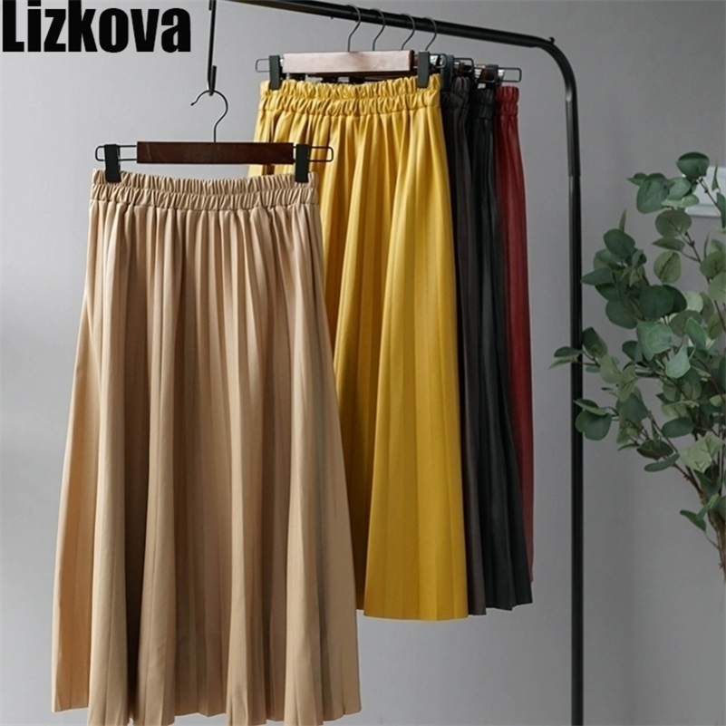 

Leather Midi Skirt Woman Pleated Skirts Fashion 7 Colors Elastic Waist parachute Skirt Plus size Casual Wear Y200326, Apricot